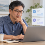 Middle-aged man calmly reviewing simple affiliate performance figures on a laptop.