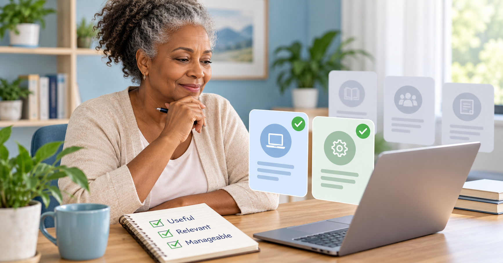 Older woman reviewing two carefully selected affiliate program options and planning her next step.