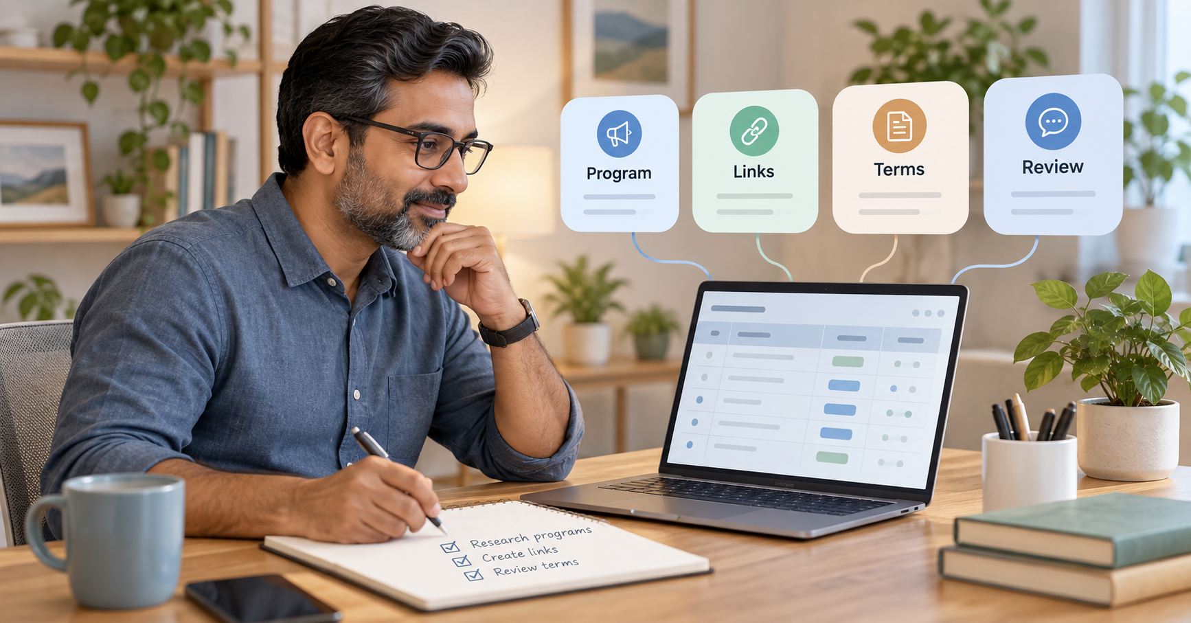 Man organising affiliate programs, links, terms and review notes using a simple planning sheet.