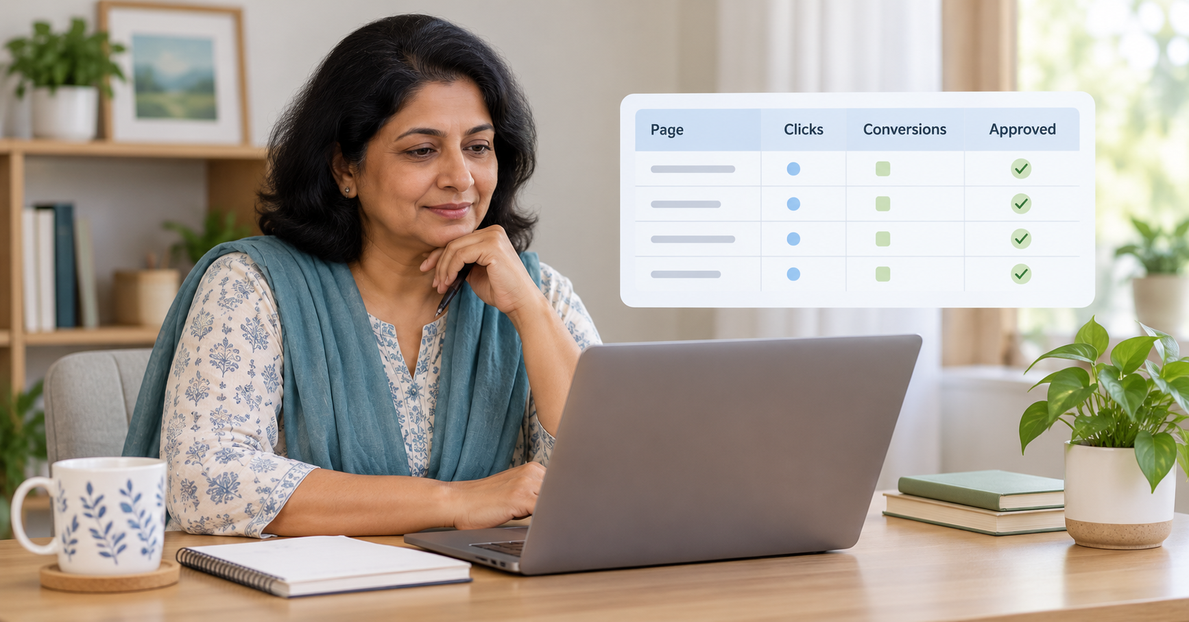 Woman using a simple monthly affiliate results sheet to compare clicks, conversions and approved commissions.