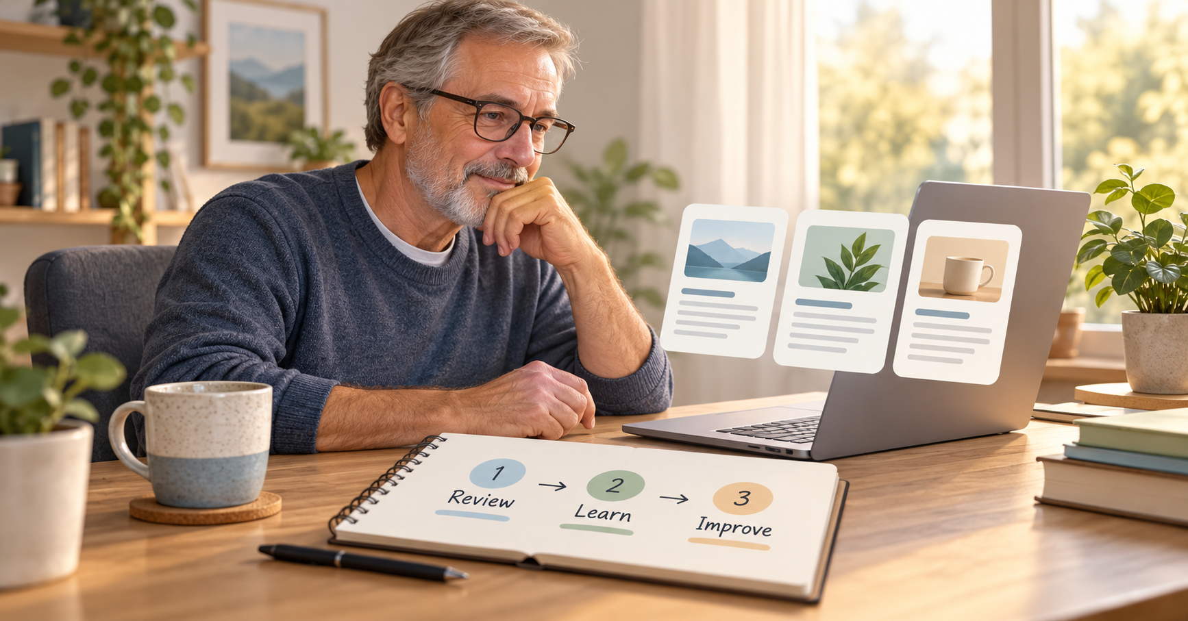 Older man calmly reviewing affiliate results and planning one sensible improvement.