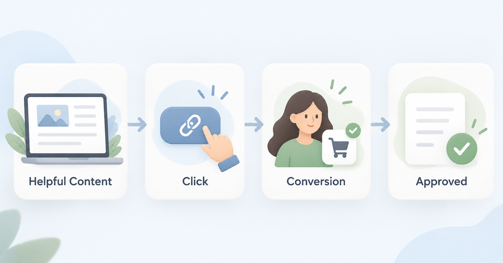 Simple affiliate marketing pathway from helpful content through a click and conversion to an approved commission.