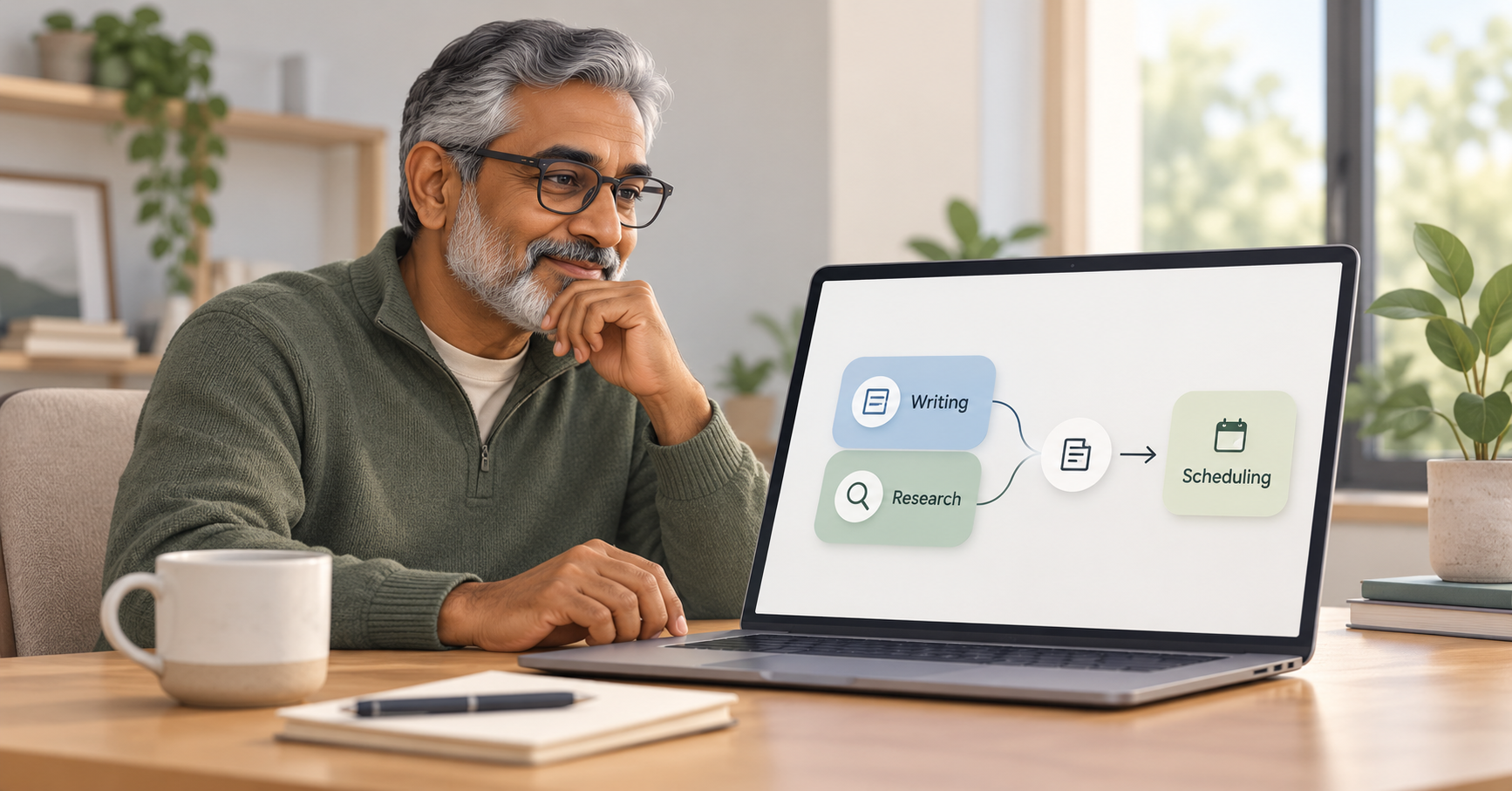 Older man identifying overlapping online business tools that perform the same job.