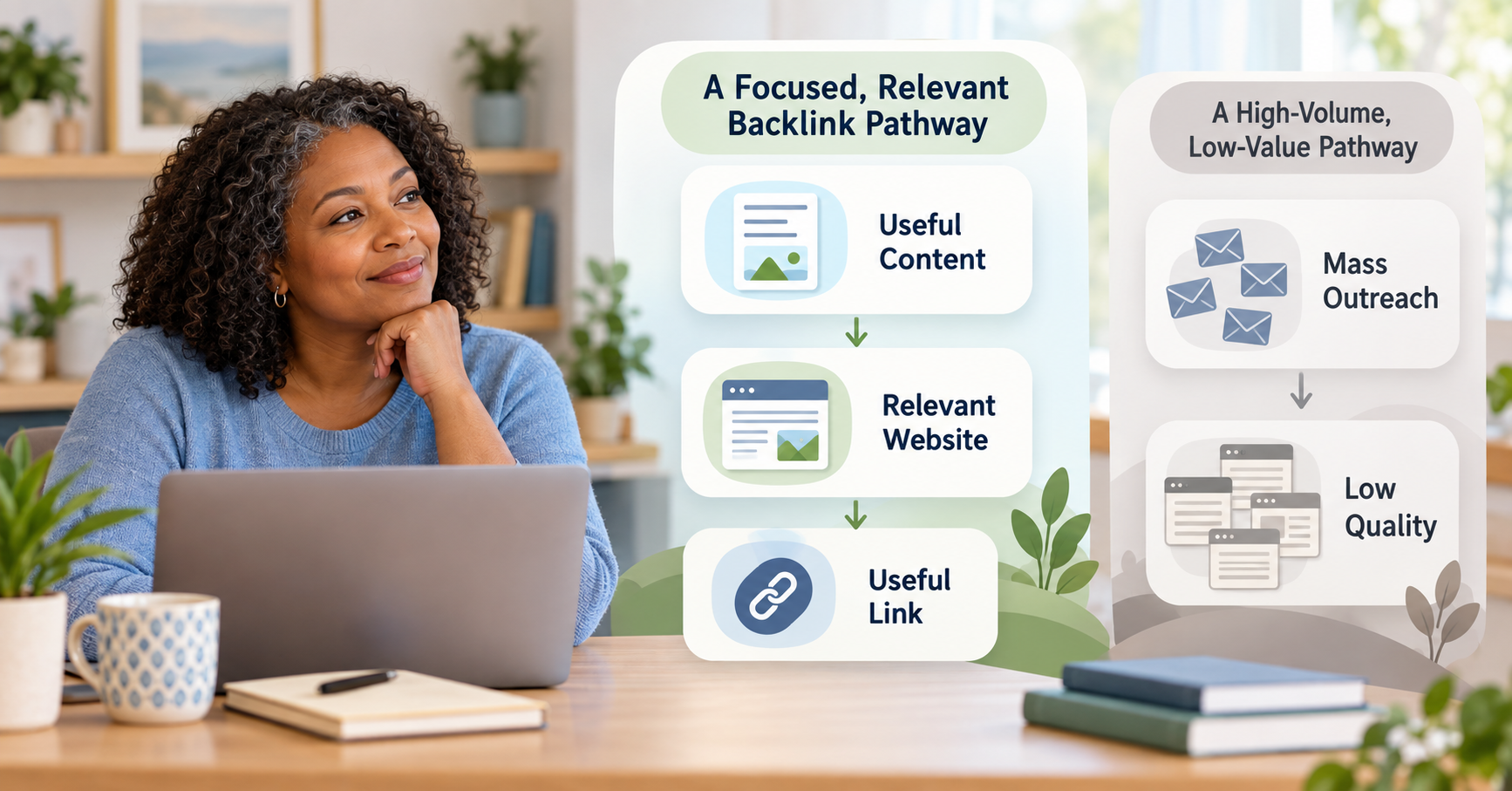 Woman comparing relevant useful backlinks with low-quality mass link building.