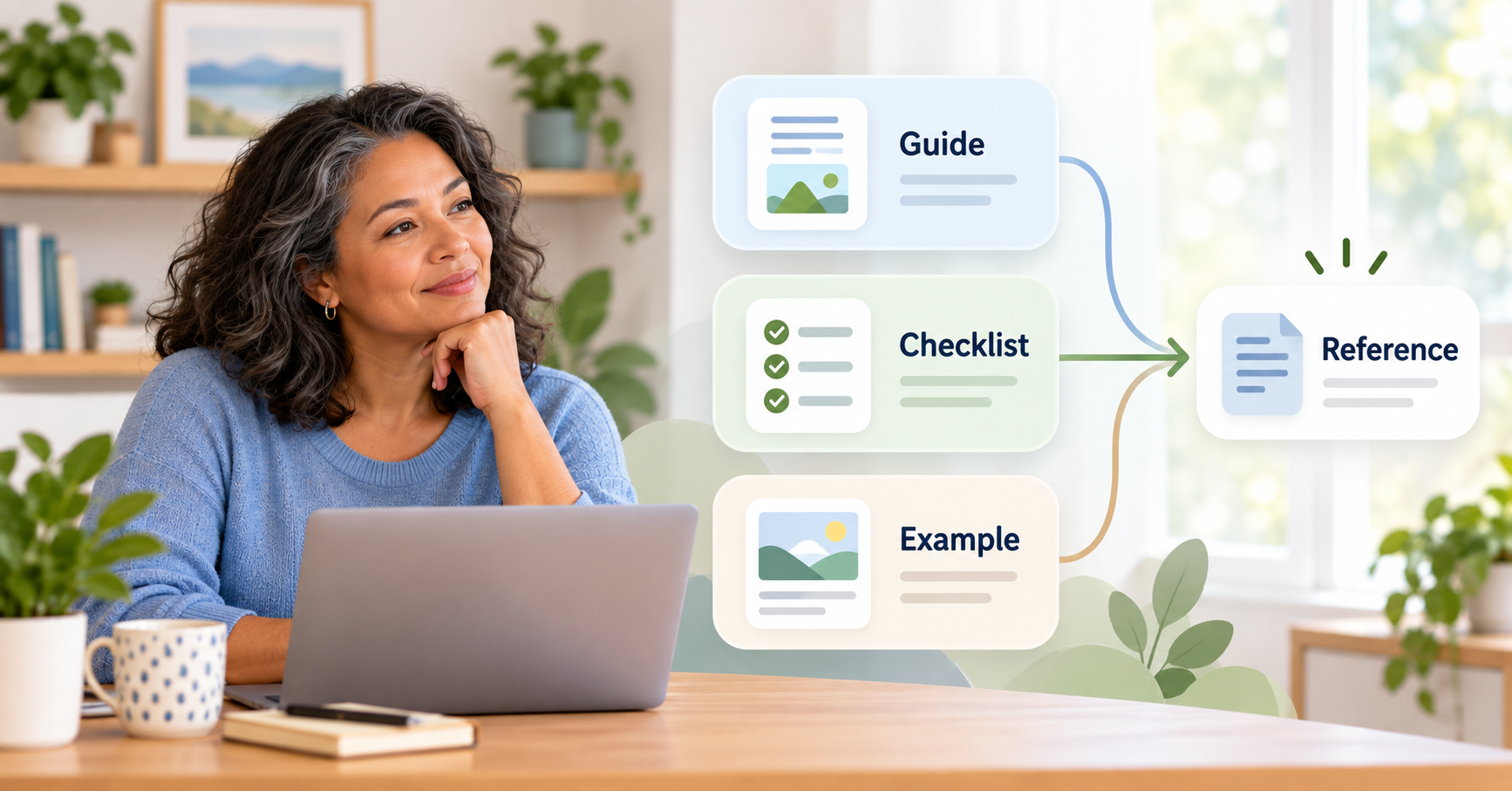 Woman reviewing useful guide, checklist and example content that other websites could reference.