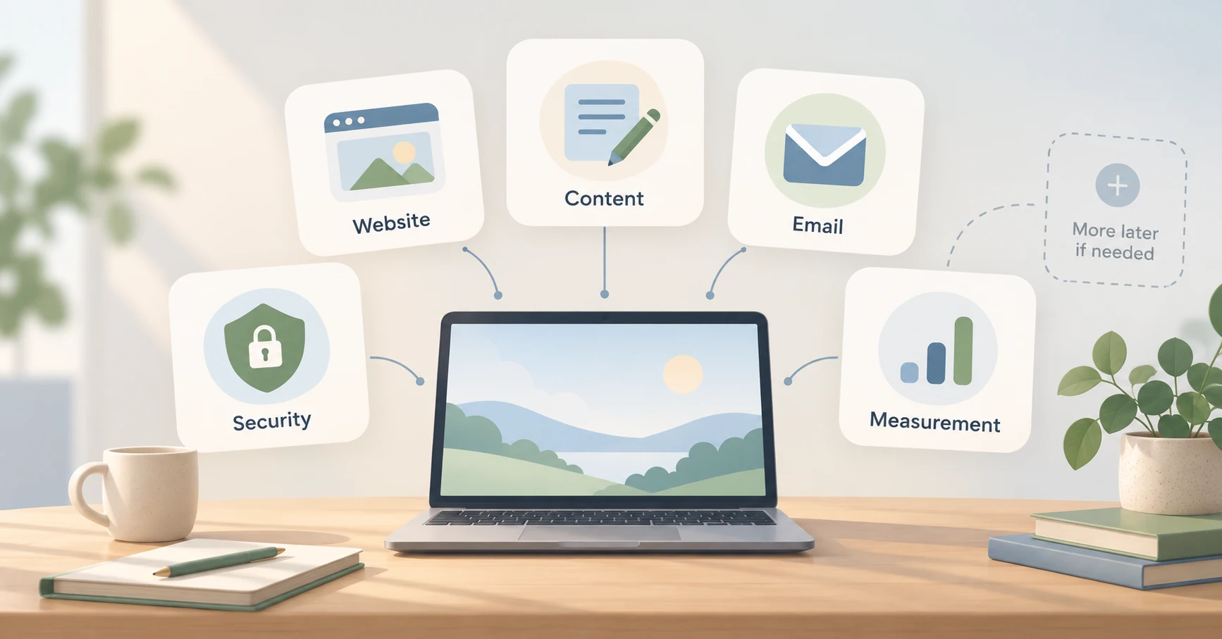 Beginner online business tool categories shown as simple cards for website, content, email, measurement and security.