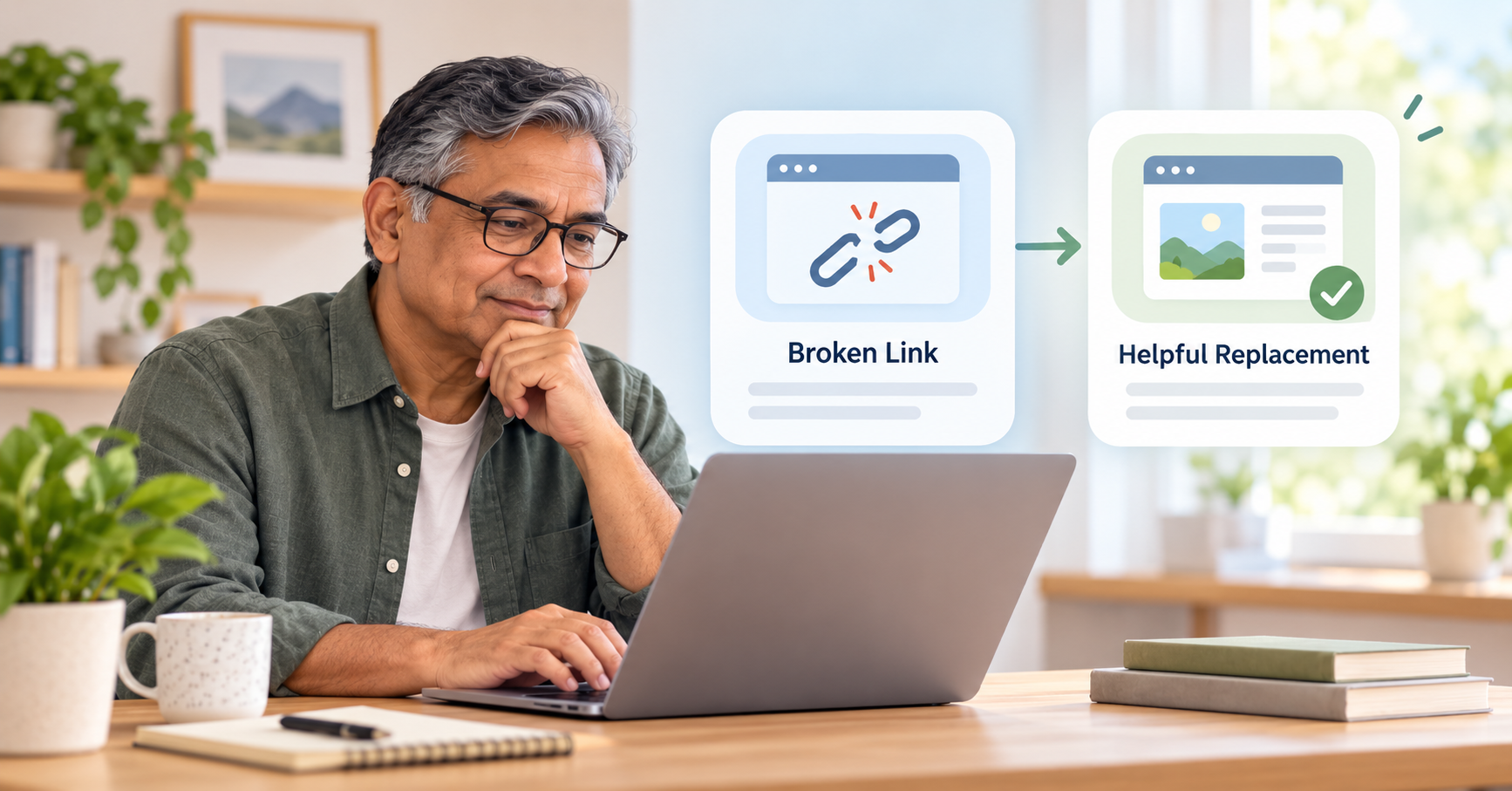 Older man reviewing a broken website link and a relevant replacement resource.