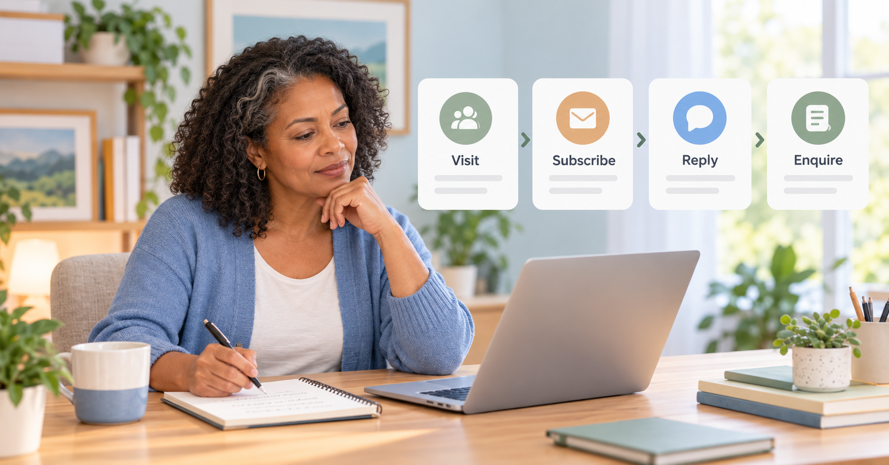 Woman comparing website visits with stronger actions such as subscribing, replying and enquiring.