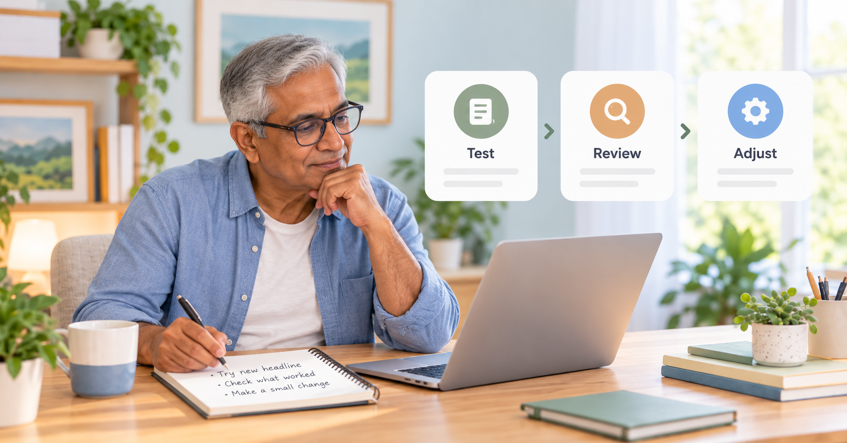 Older man using a simple test, review and adjust process to assess an online business idea.