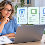 Middle-aged woman comparing a small selection of online business tools before deciding which ones she needs.