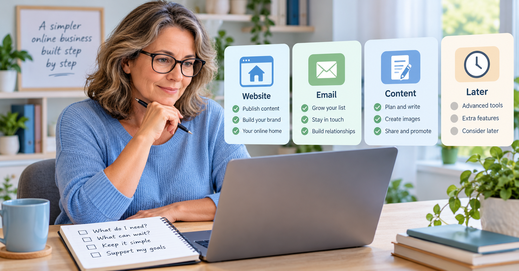 Middle-aged woman comparing a small selection of online business tools before deciding which ones she needs.