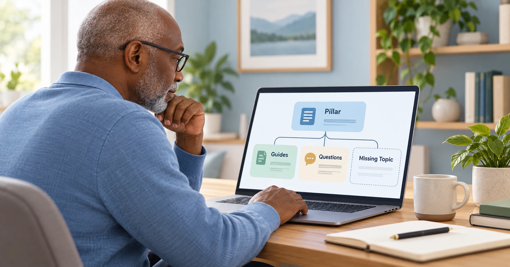 Older man reviewing a pillar page and supporting articles to identify a missing website topic.