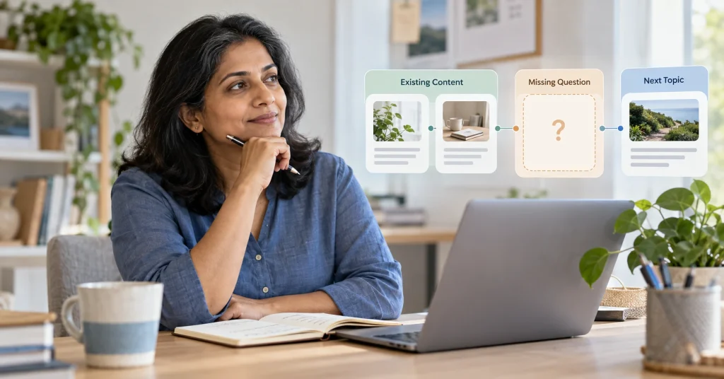 Woman reviewing connected website content and identifying a missing topic in the content plan.
