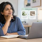 Woman reviewing connected website content and identifying a missing topic in the content plan.