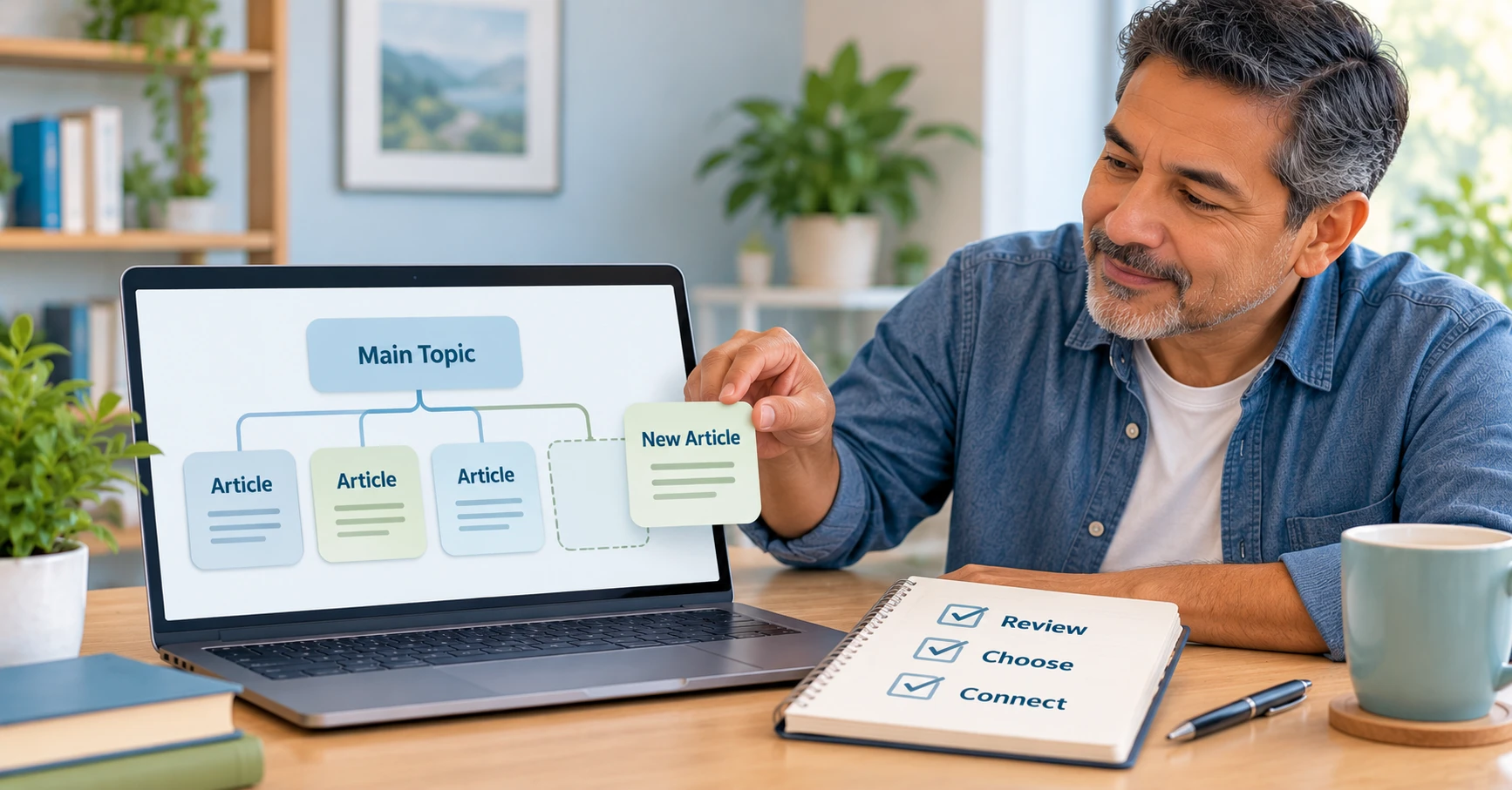 Man adding one useful new article to an organised website content cluster.