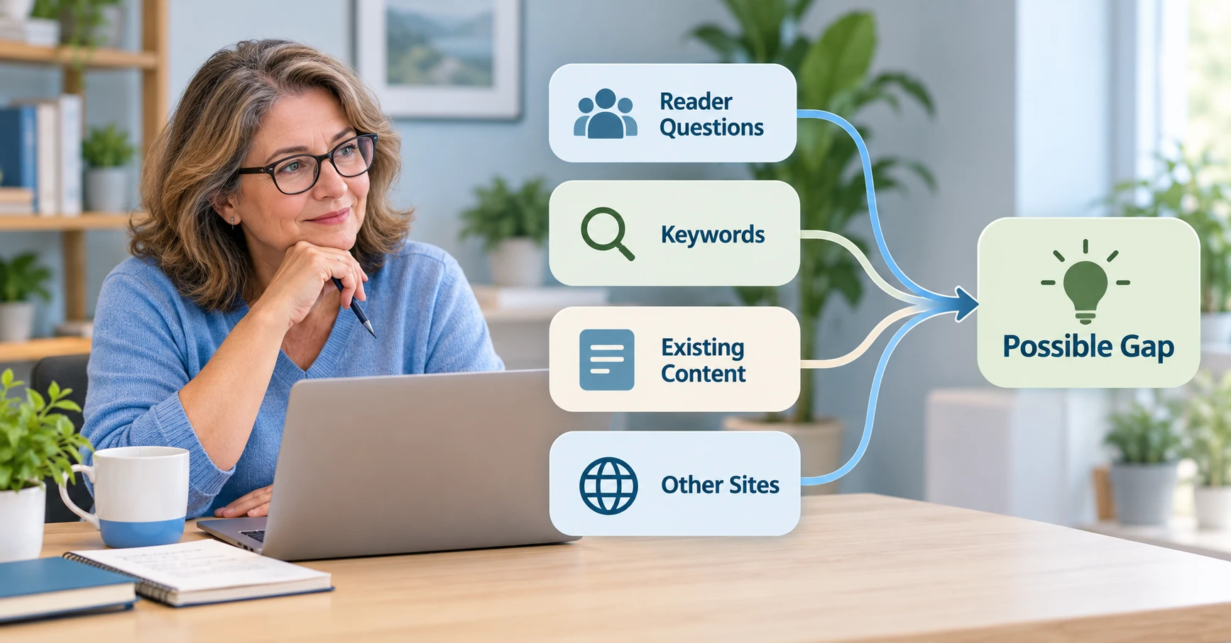 Woman comparing reader questions, keyword ideas and existing content to find useful missing topics.