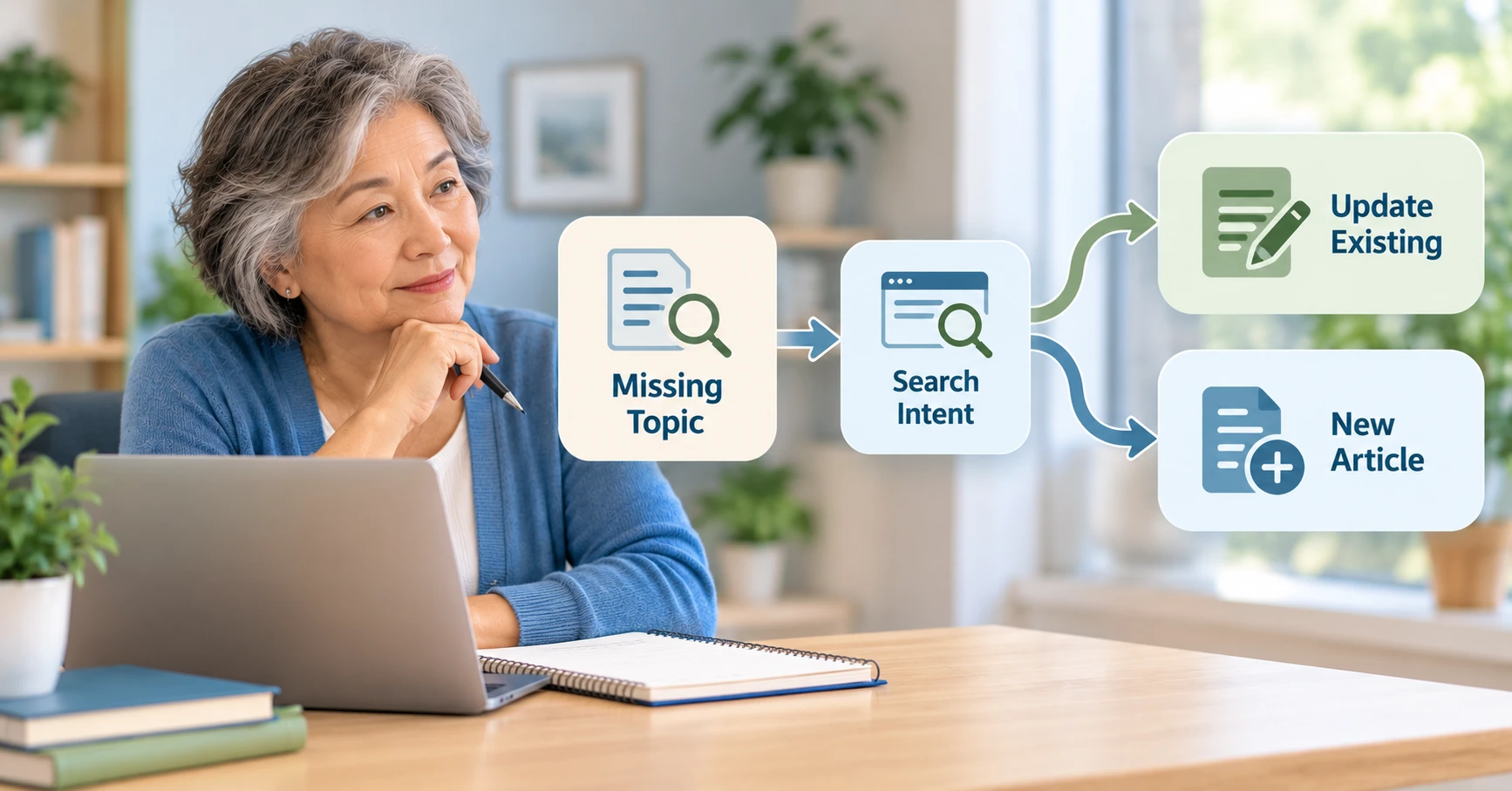 Older woman deciding whether a missing topic needs a new article or an update to existing content.