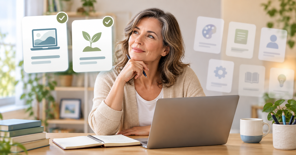 Middle-aged woman comparing a small number of affiliate program options while planning at a laptop.