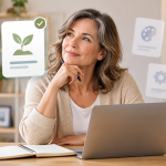 Middle-aged woman comparing a small number of affiliate program options while planning at a laptop.