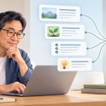 Middle-aged man reviewing useful website content that connects naturally to an external reference.