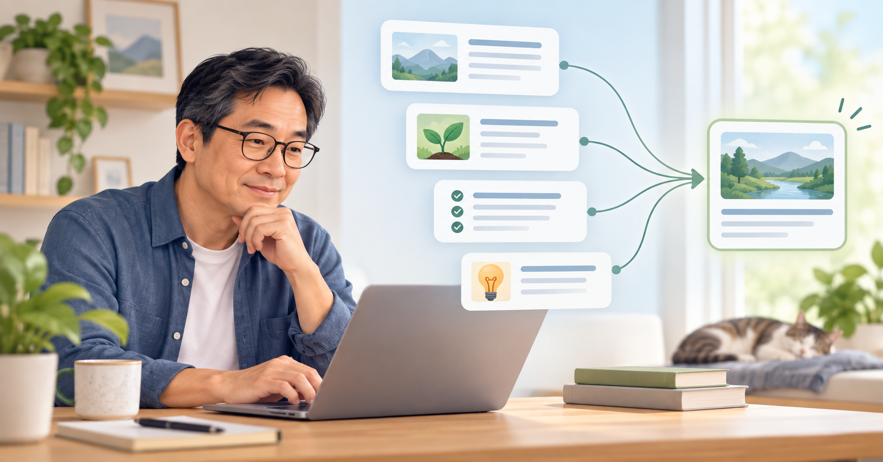 Middle-aged man reviewing useful website content that connects naturally to an external reference.