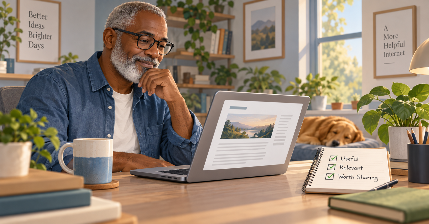 Older man reviewing a useful article with a checklist for relevance and shareability.
