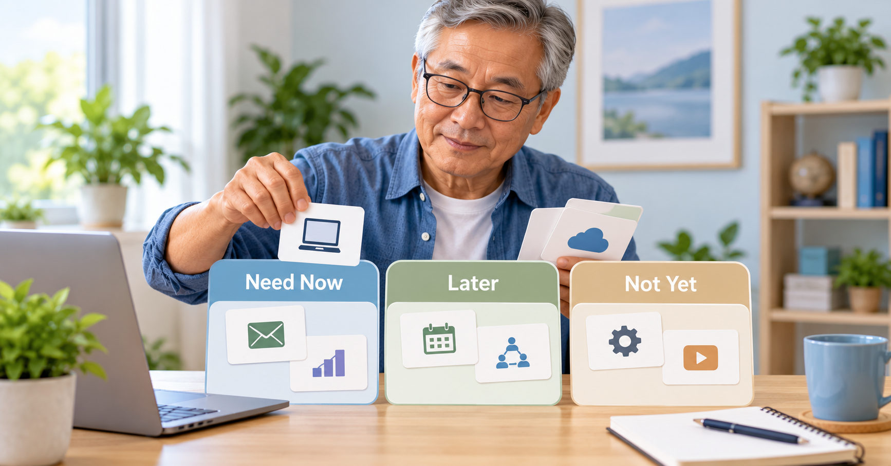 Older man sorting business software choices into Need Now, Later and Not Yet groups.