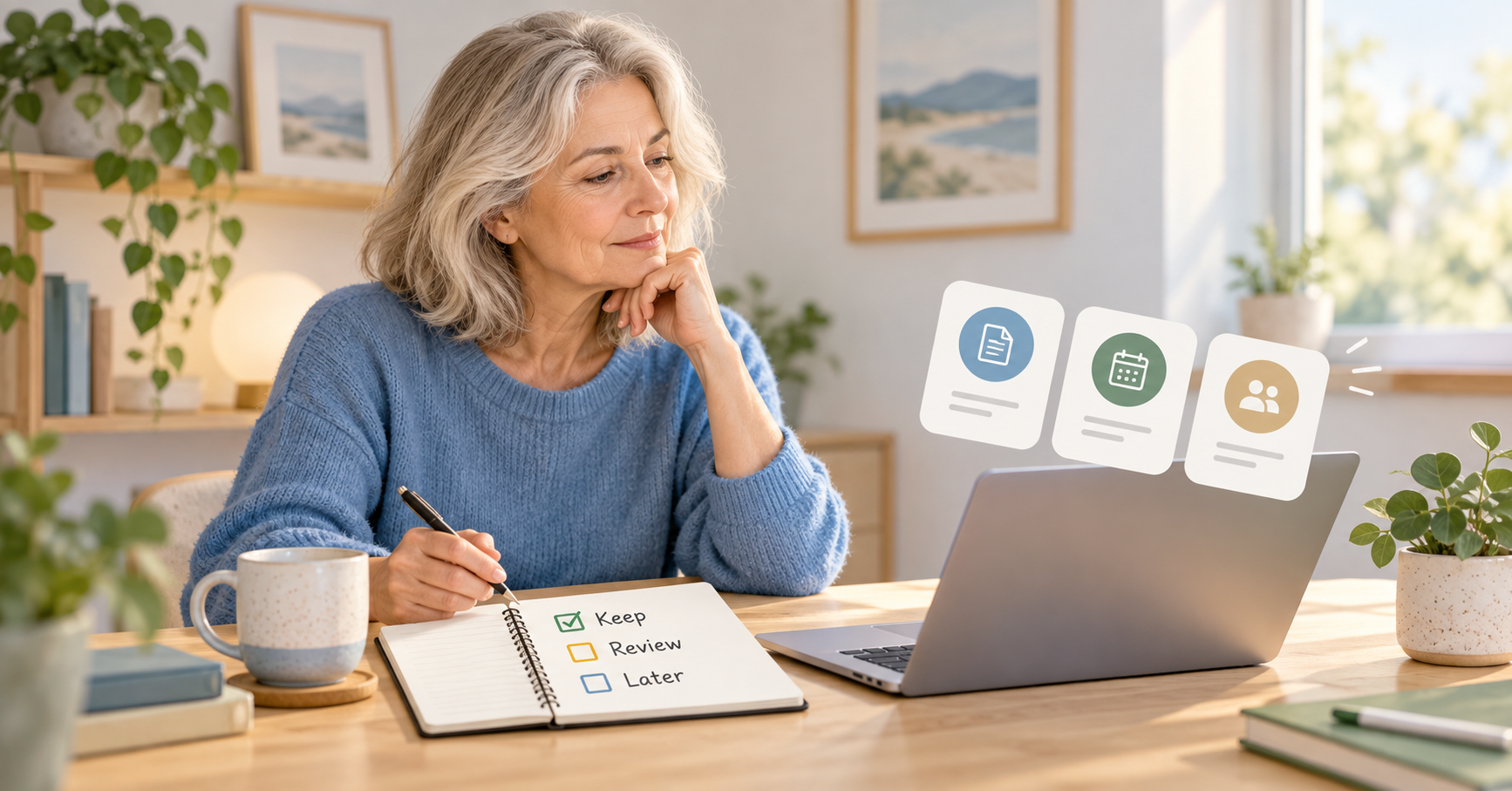 Older woman calmly reviewing a short list of business tools and deciding what to keep, cancel or review later.