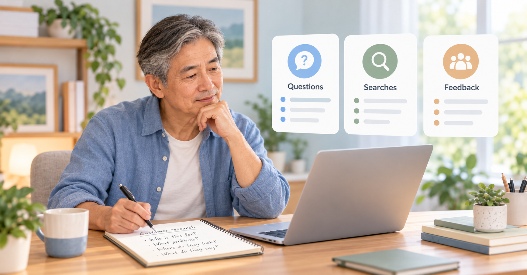 Older man reviewing questions, searches and customer feedback to check demand for a business idea.