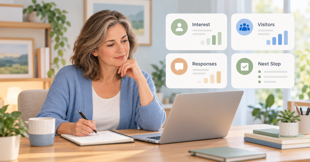 Woman reviewing simple signs of customer interest and response for an online business idea.