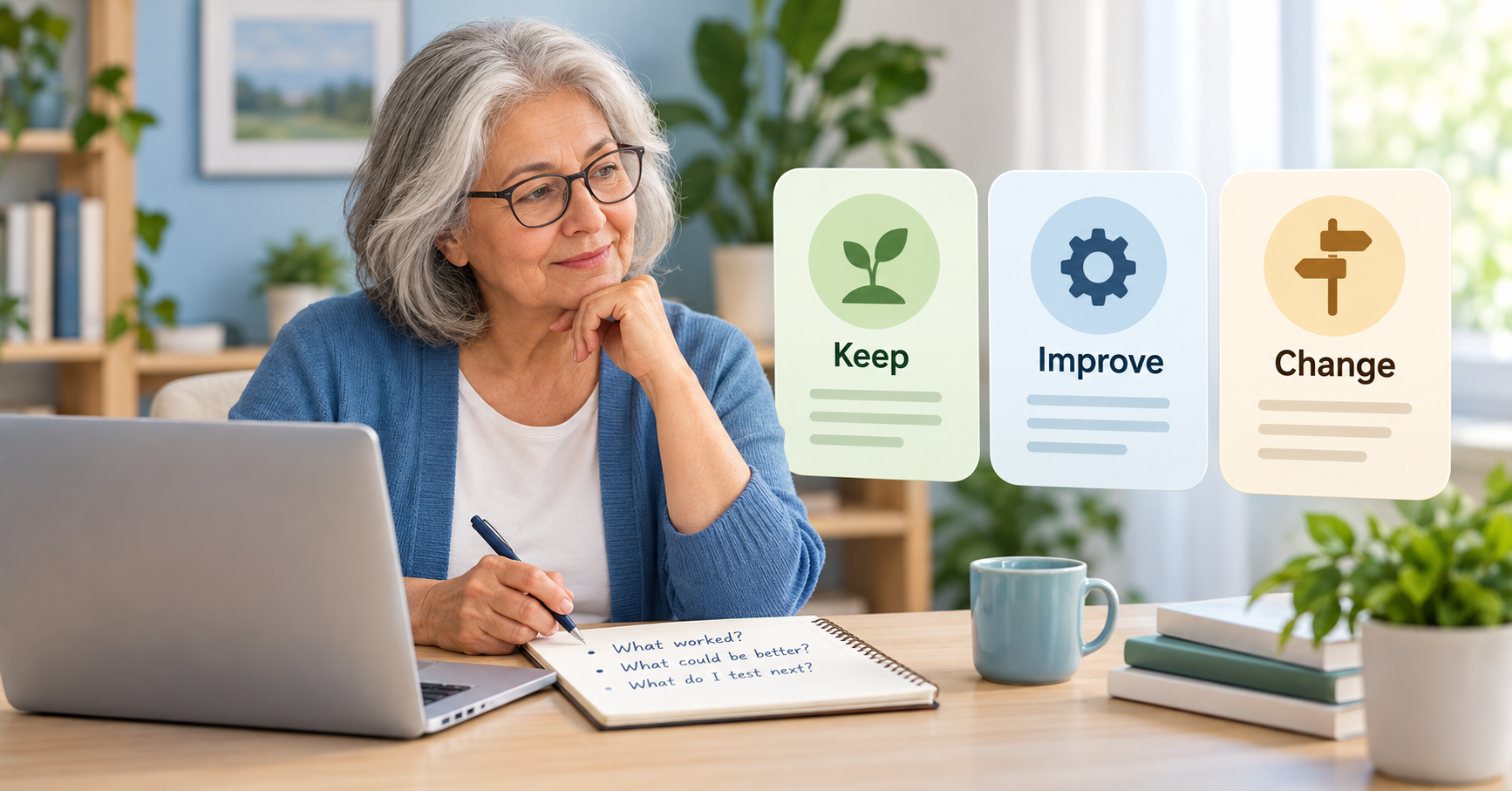Woman reviewing whether to keep, improve or change an online business idea after testing it.