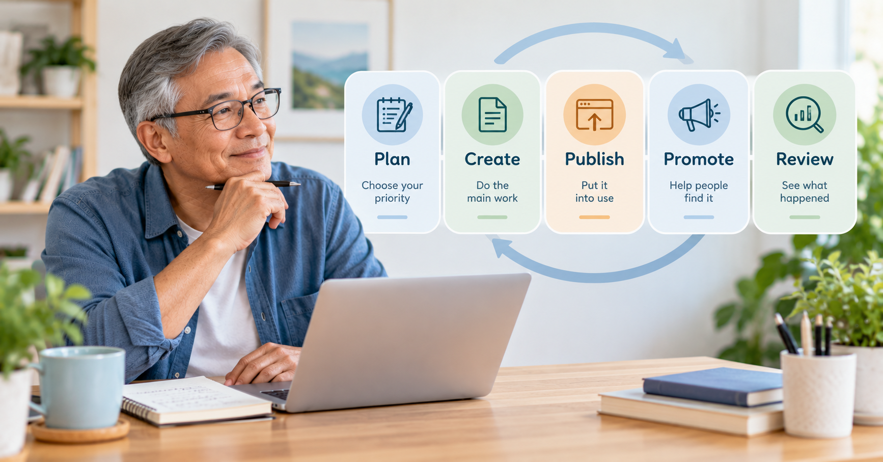 Weekly online business routine moving from planning and creating to publishing, promoting and reviewing
