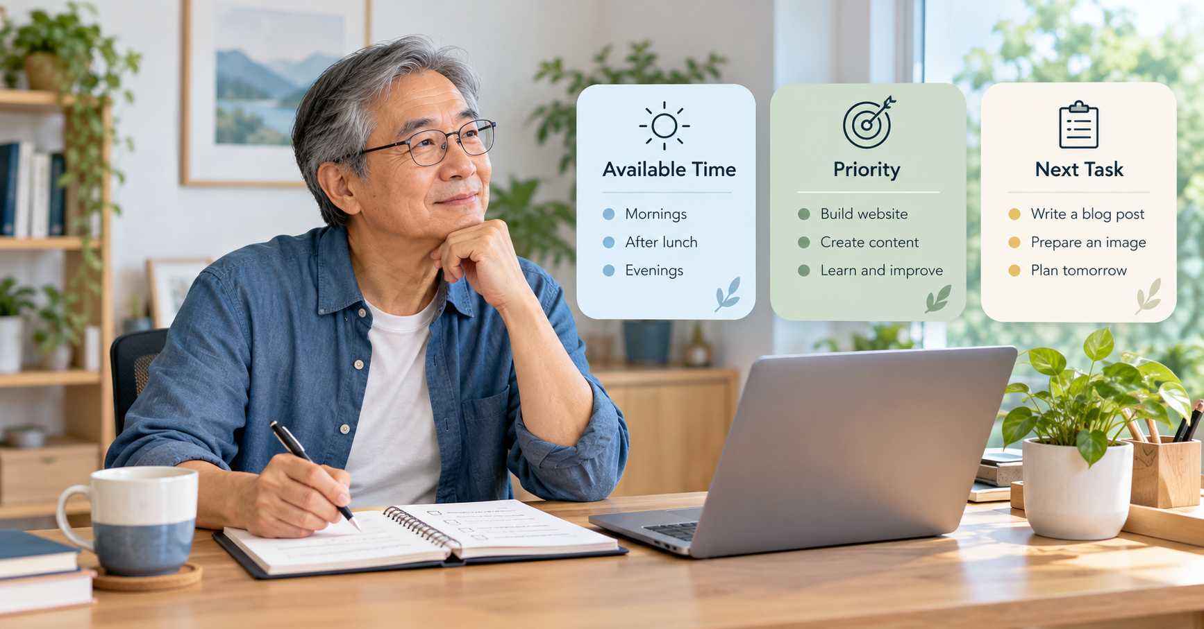 Older man organising realistic time blocks for his weekly online business work.