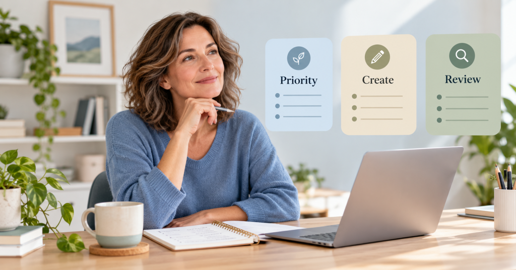 Woman planning a simple weekly online business routine using a laptop and notebook.