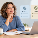 Woman planning a simple weekly online business routine using a laptop and notebook.