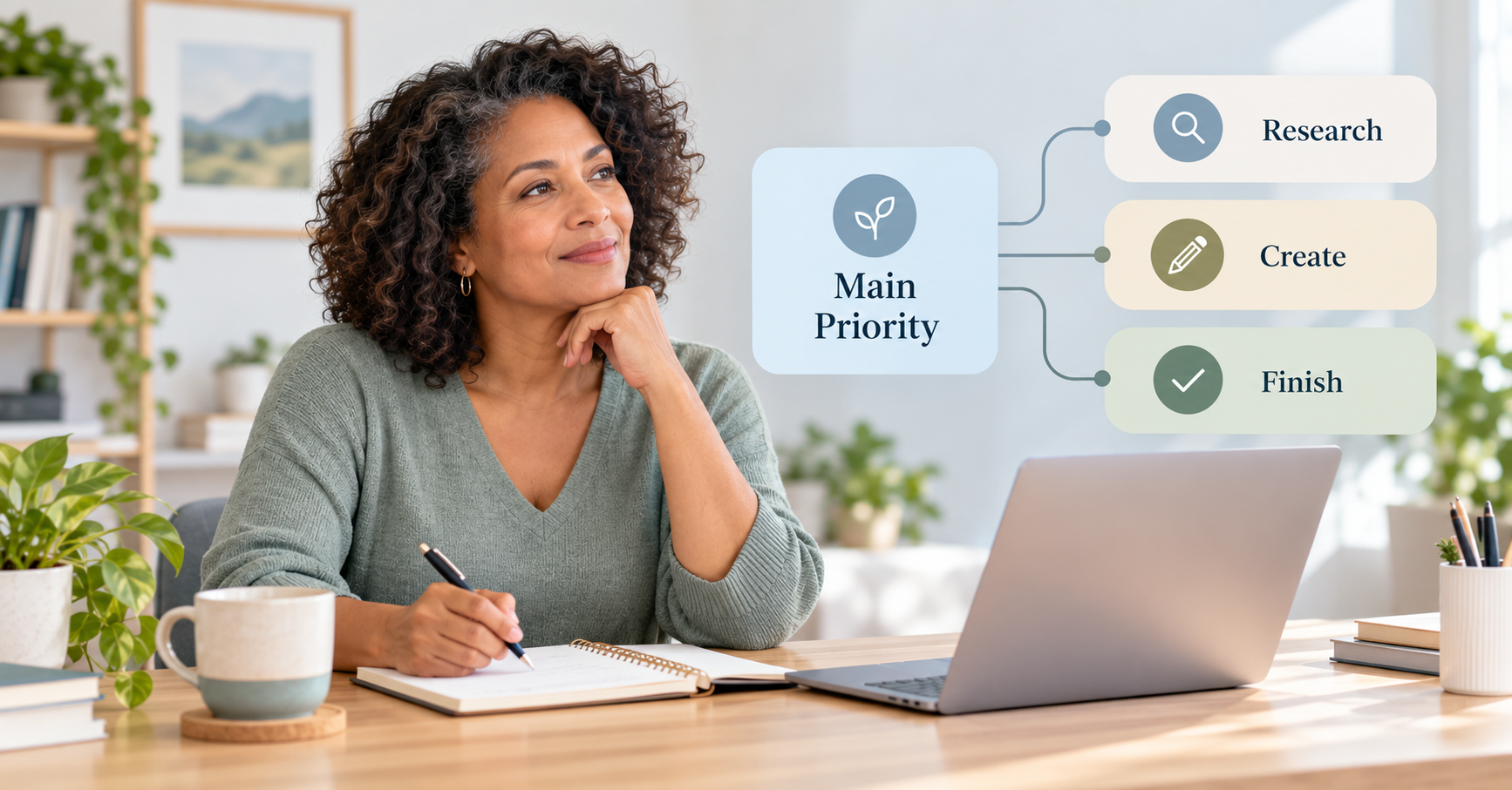 Online business owner organising research, creation and finishing tasks around one weekly priority.