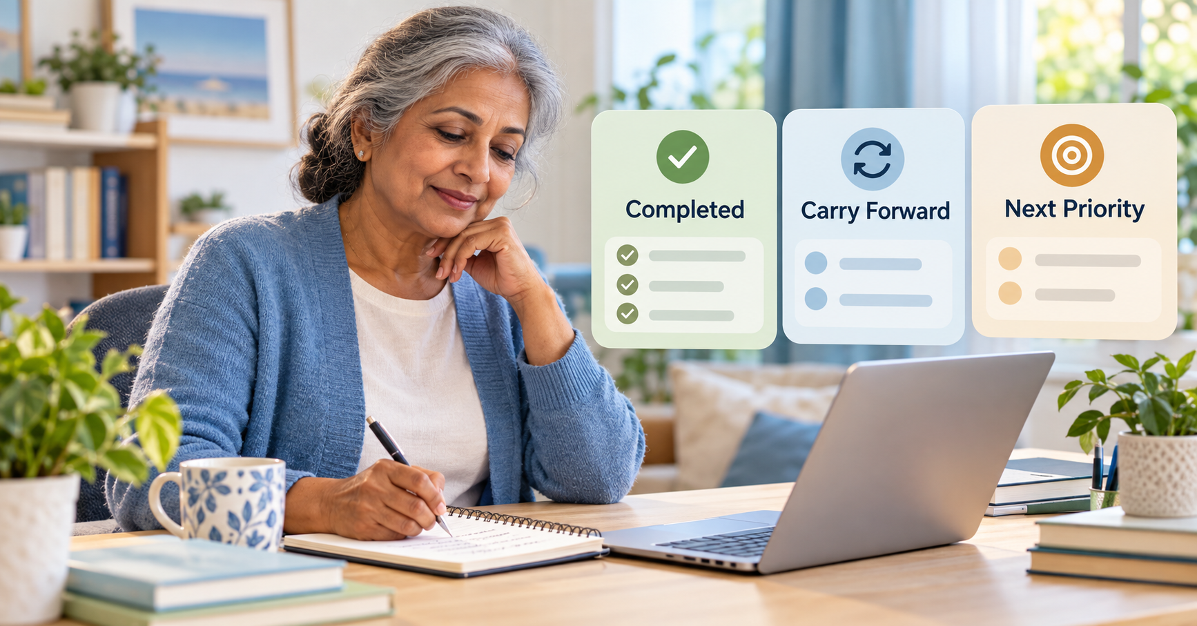 Woman reviewing completed work and choosing the next priority for her online business.