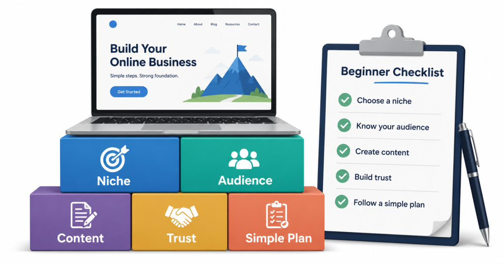 Online business foundation with niche, audience, content, trust, and planning blocks.