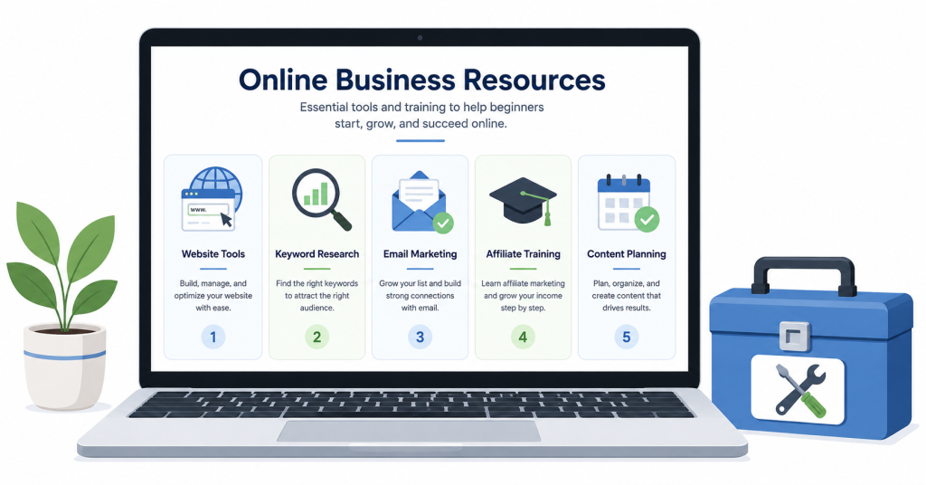 Recommended online business resources including website tools, keyword research, email marketing, and training.