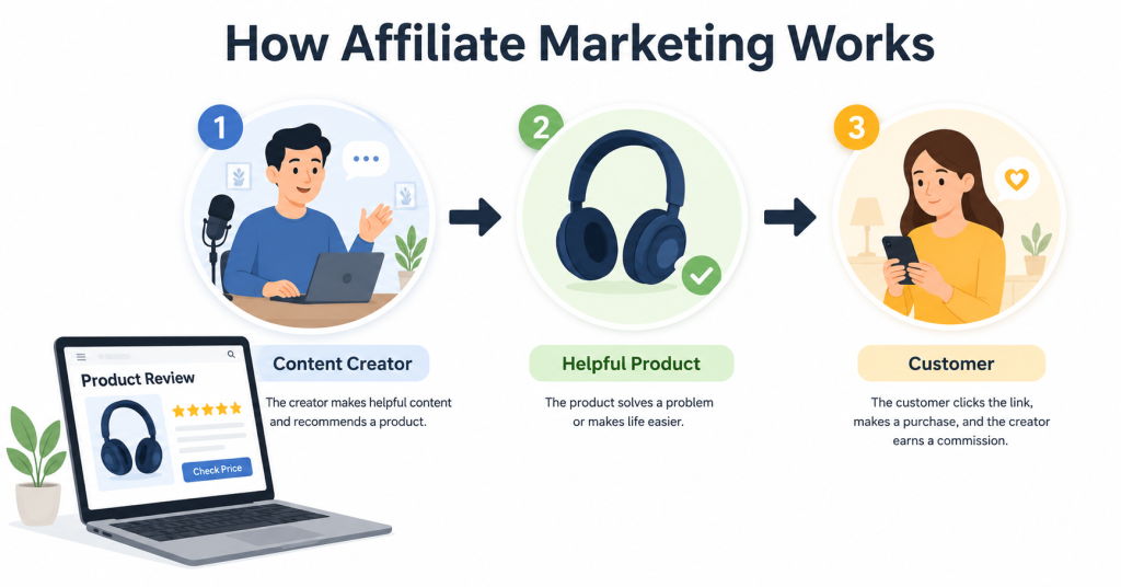 Simple affiliate marketing diagram showing creator, product, and customer connection.