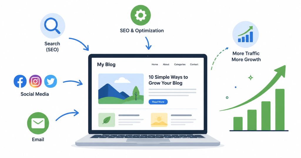 Website traffic and growth illustration showing SEO, social media, email, and blog visitors.