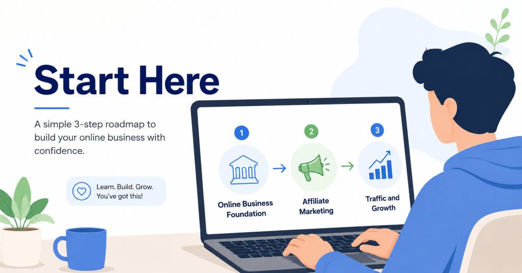 Beginners roadmap showing online business foundation, affiliate marketing, and traffic growth steps.