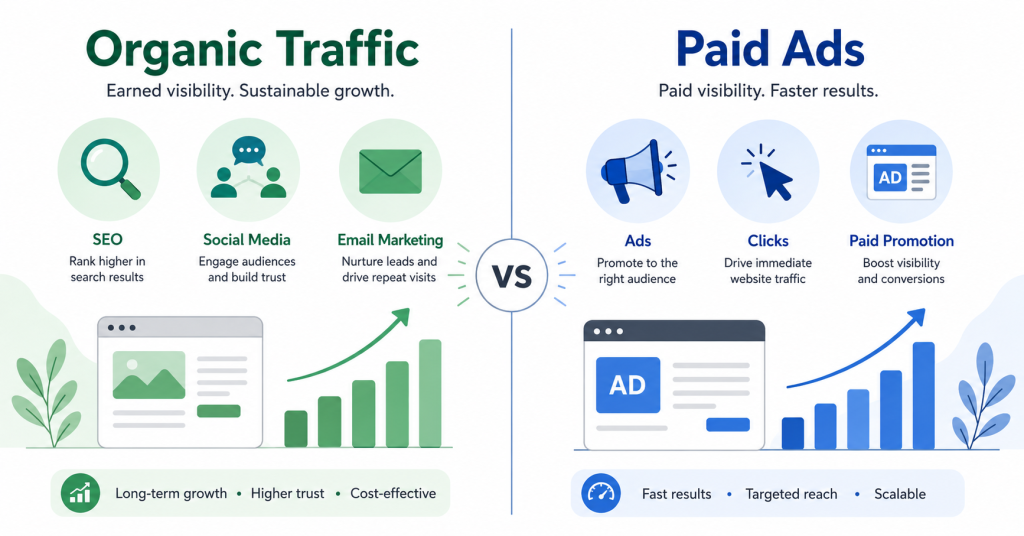Affiliate Marketing Organic Traffic Vs Paid Ads Graphic