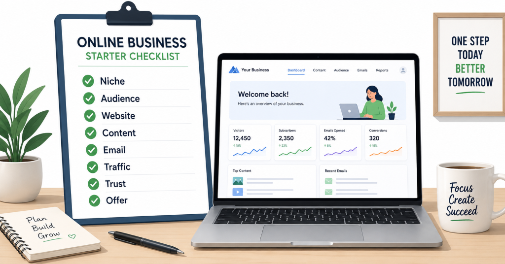 Online business starter checklist with niche, audience, website, content, email, traffic, trust, and offer.