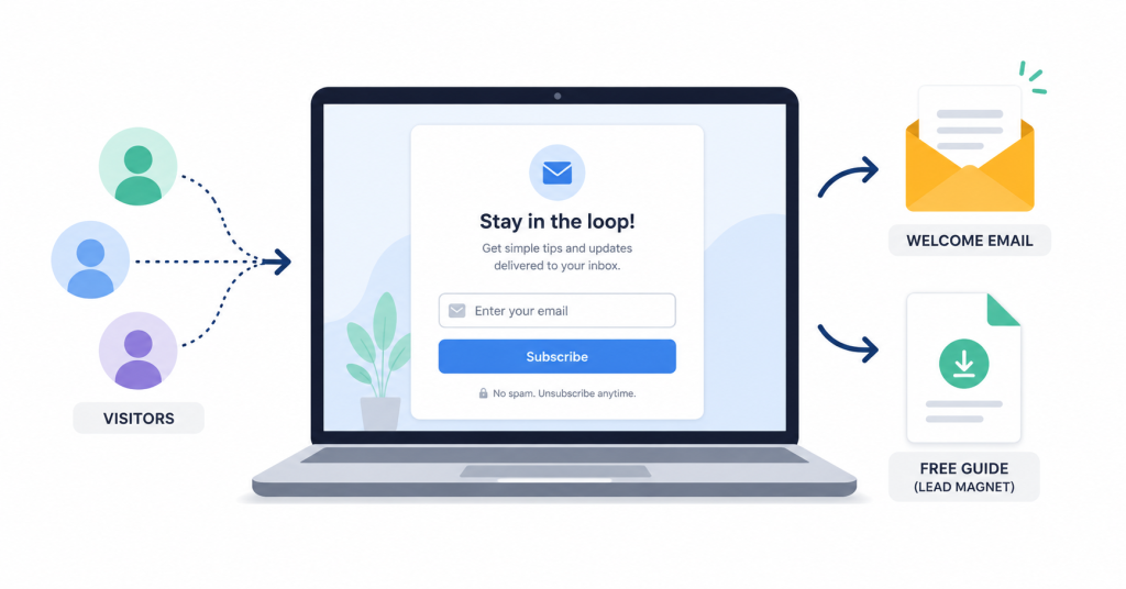Email list building with signup form, free checklist, and subscriber icons.