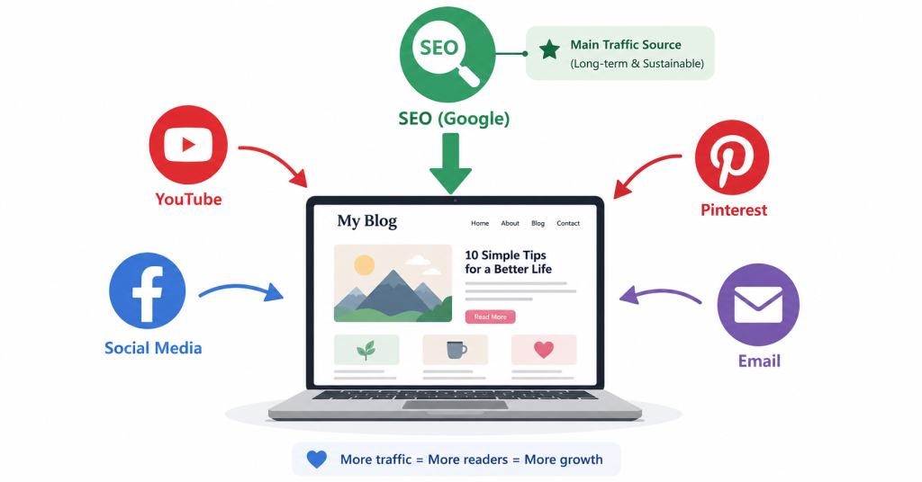 Online business traffic methods showing SEO, video, social media, Pinterest, and email.