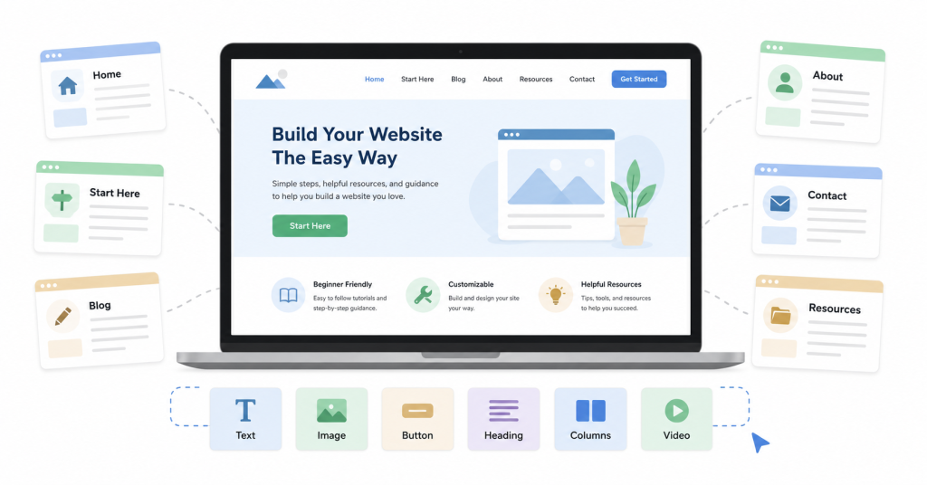 Simple beginner website setup with homepage, blog, about, contact, and resources pages.