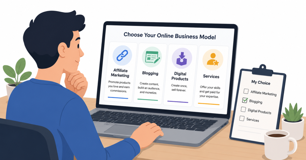 Beginner choosing between affiliate marketing, blogging, digital products, and services.