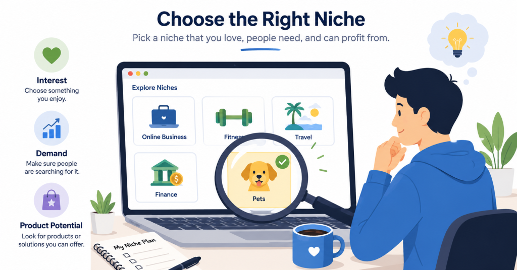 Online business niche selection with topic cards and a highlighted choice.