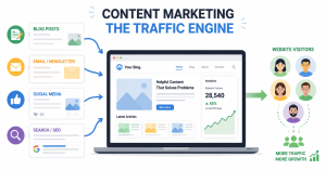 Content marketing traffic engine showing blog posts leading to website growth
